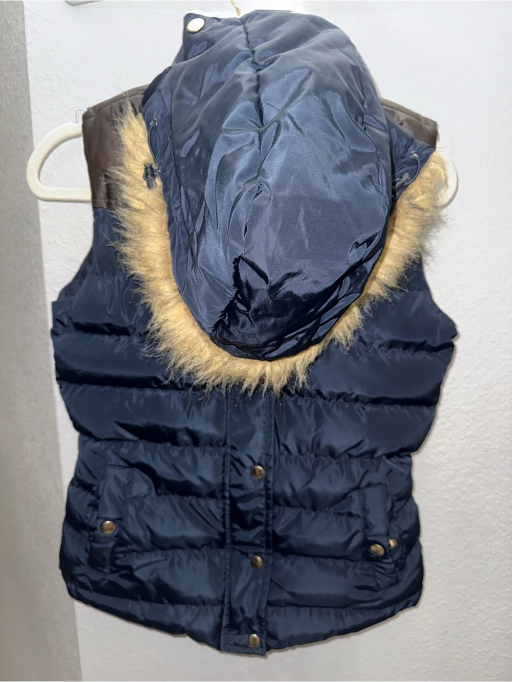 Justify Navy Quilted Puffer Vest with Faux Fur Trim Hood